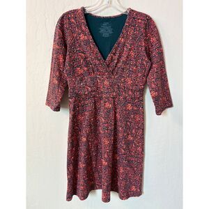 Patagonia Margot Floral V-Neck Faux Wrap Dress Coral Pink Navy 3/4 Sleeve Sz‎ S